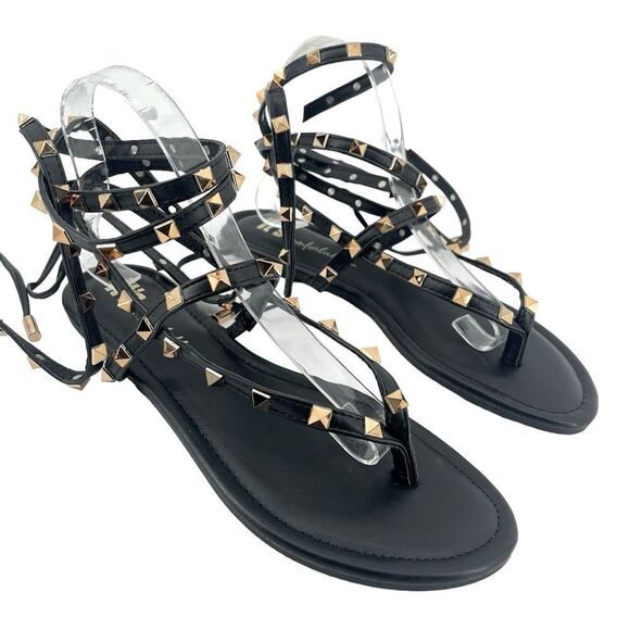 It’s Comfortable Women’s Black Gold Stud Gladiator Wraparound Thong Sandals Sz 9 - Picture 3 of 12